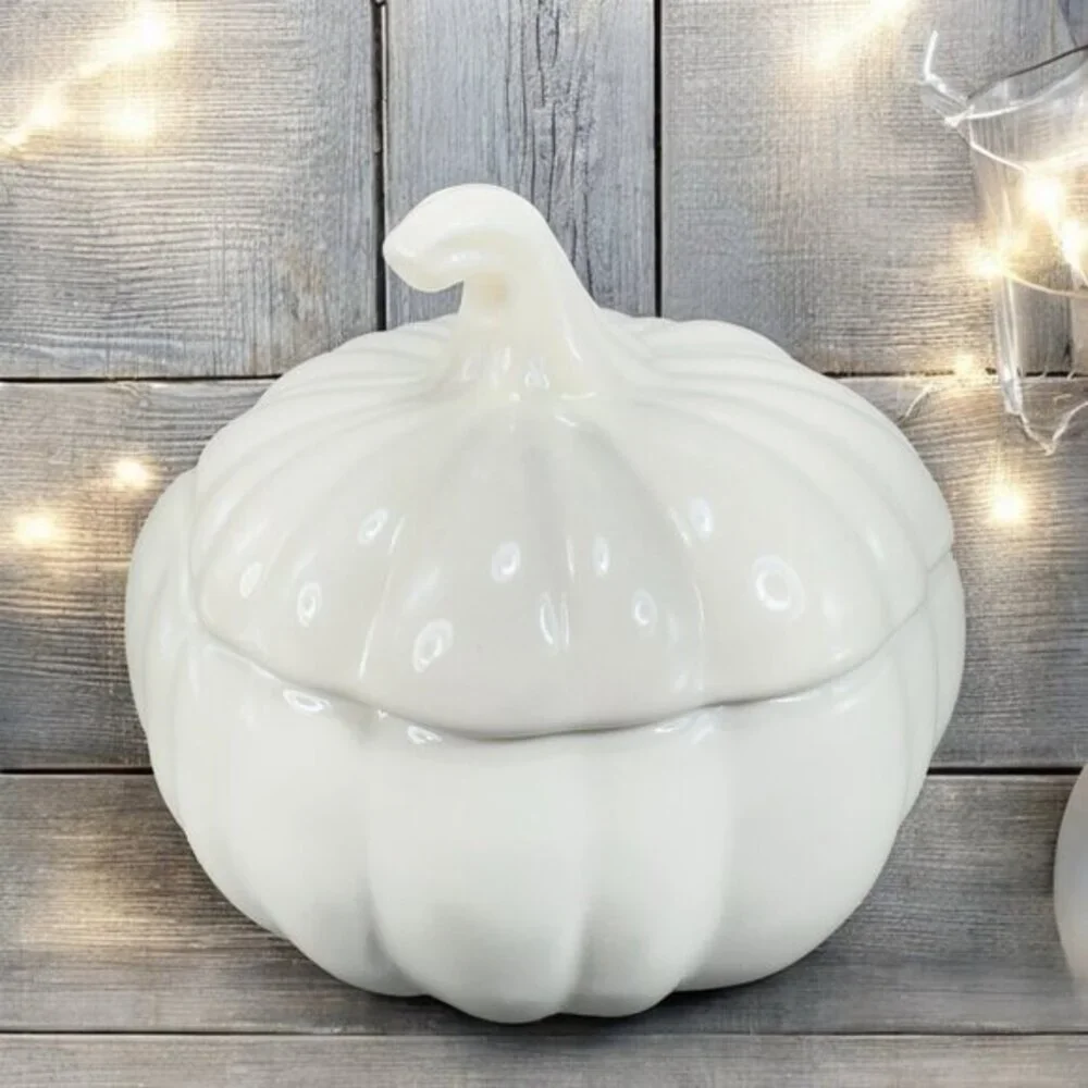 Home Interiors Stoneware Ceramic Pumpkin Shape Canister Cookie‎ Jar Container